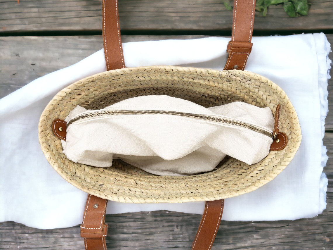 French Basket Bag with Leather Handles - Perfect Beach: Medium