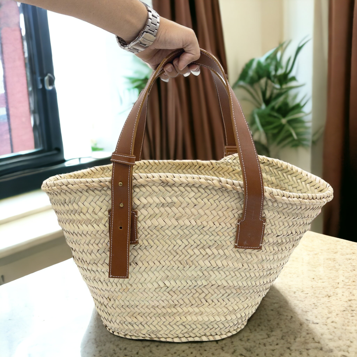 French Basket Bag with Leather Handles - Perfect Beach: Medium