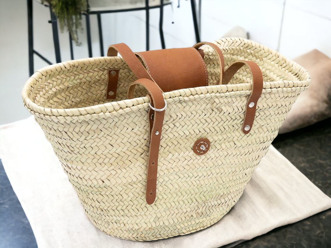 French Straw Tote Bag with Leather Handles - Tan Brown