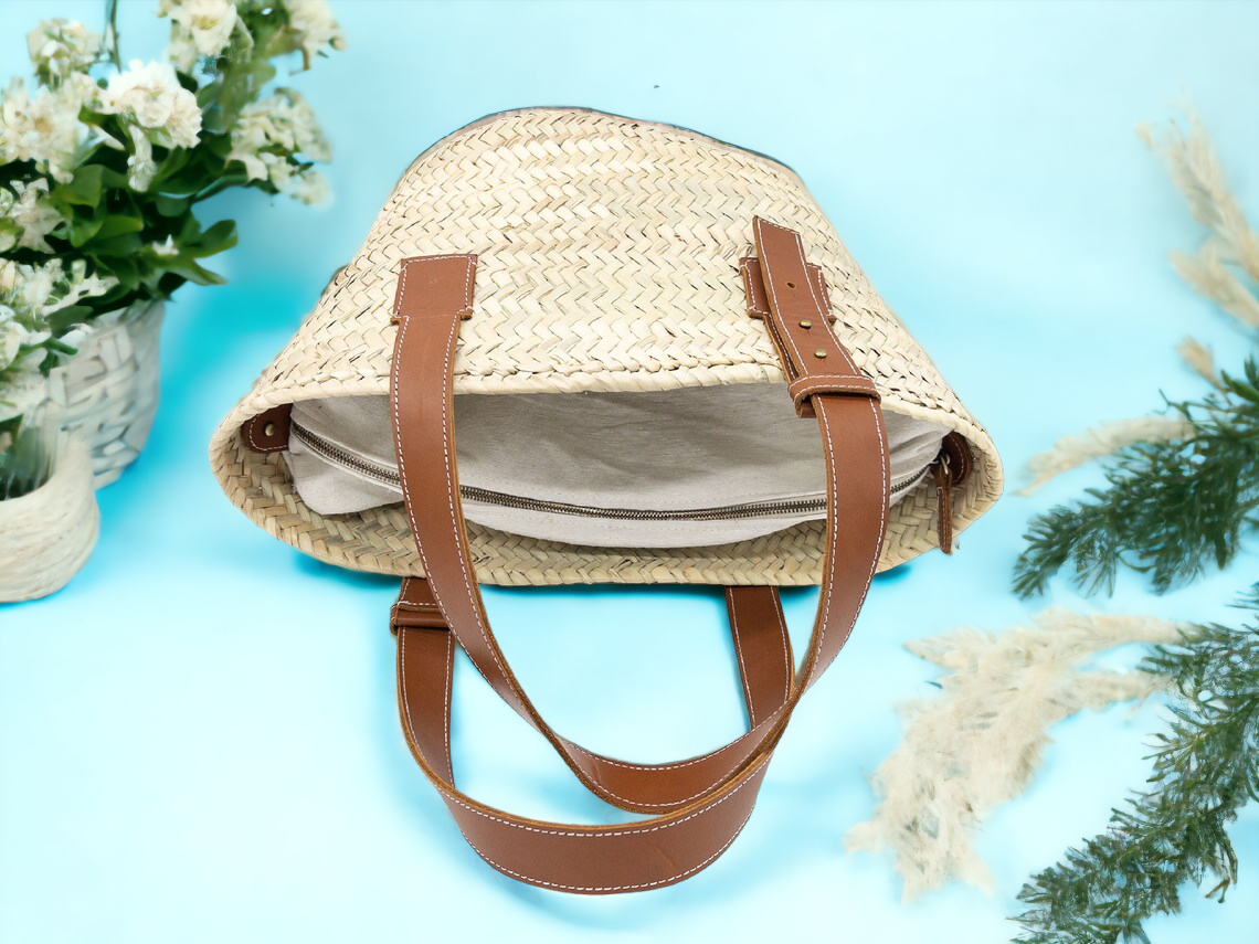 French Basket Bag with Leather Handles - Perfect Beach: Medium